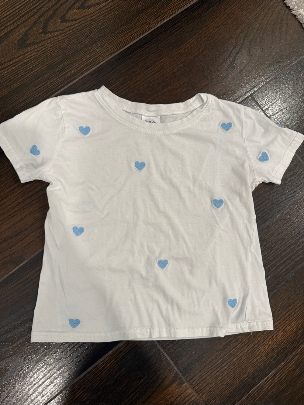 White Short-Sleeve Kids Tee with Blue Heart Print